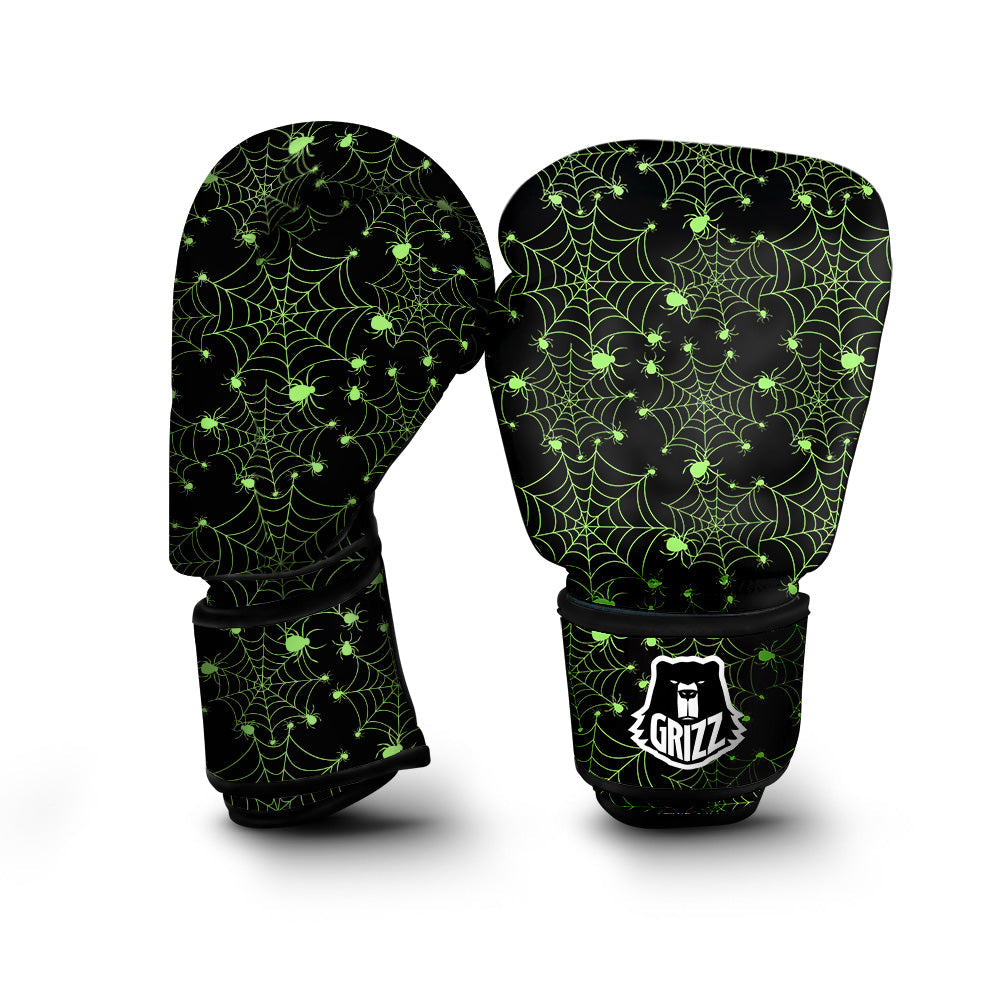 Spider Black And Green Neon Spider Web Print Pattern Boxing Gloves-grizzshop