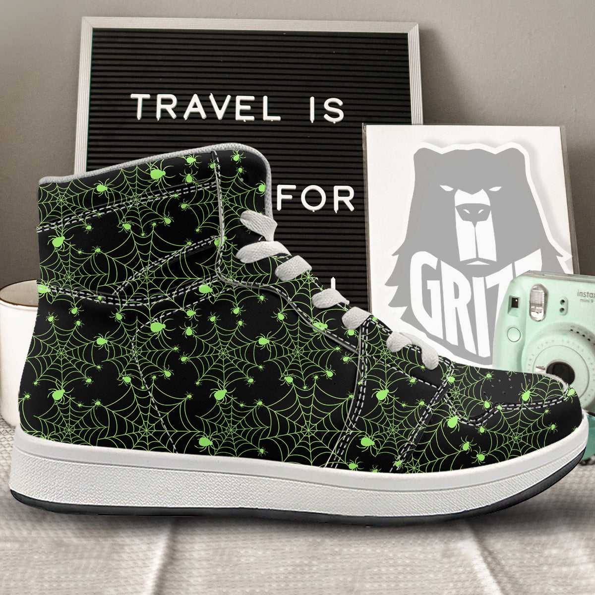 Spider Black And Green Neon Spider Web Print Pattern High Top Sneakers-grizzshop