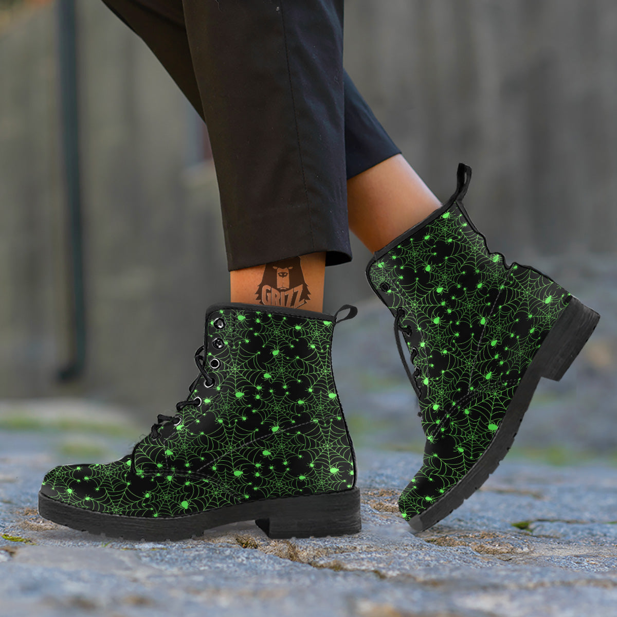 Spider Black And Green Neon Spider Web Print Pattern Leather Boots-grizzshop