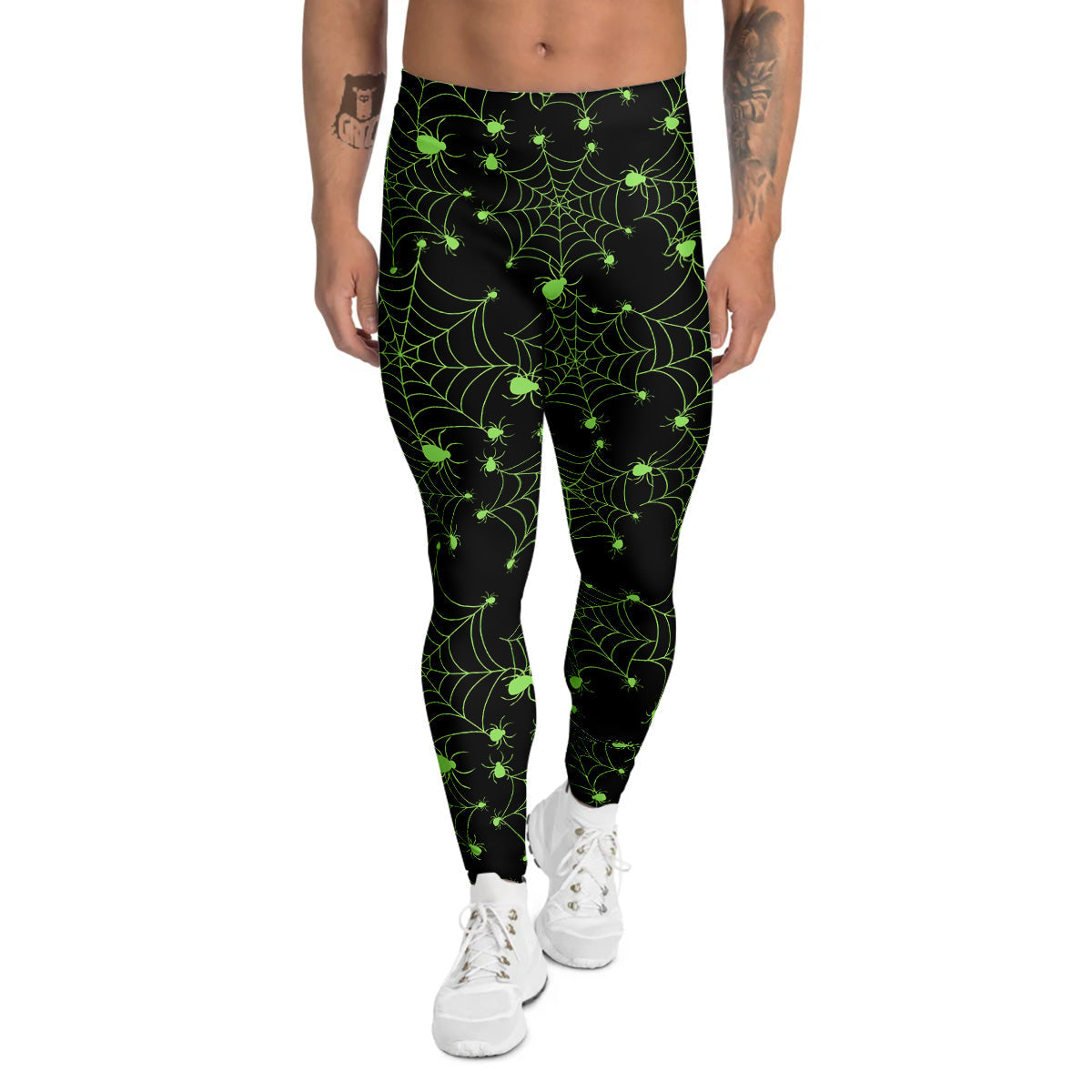 Spider Black And Green Neon Spider Web Print Pattern Men's Leggings-grizzshop