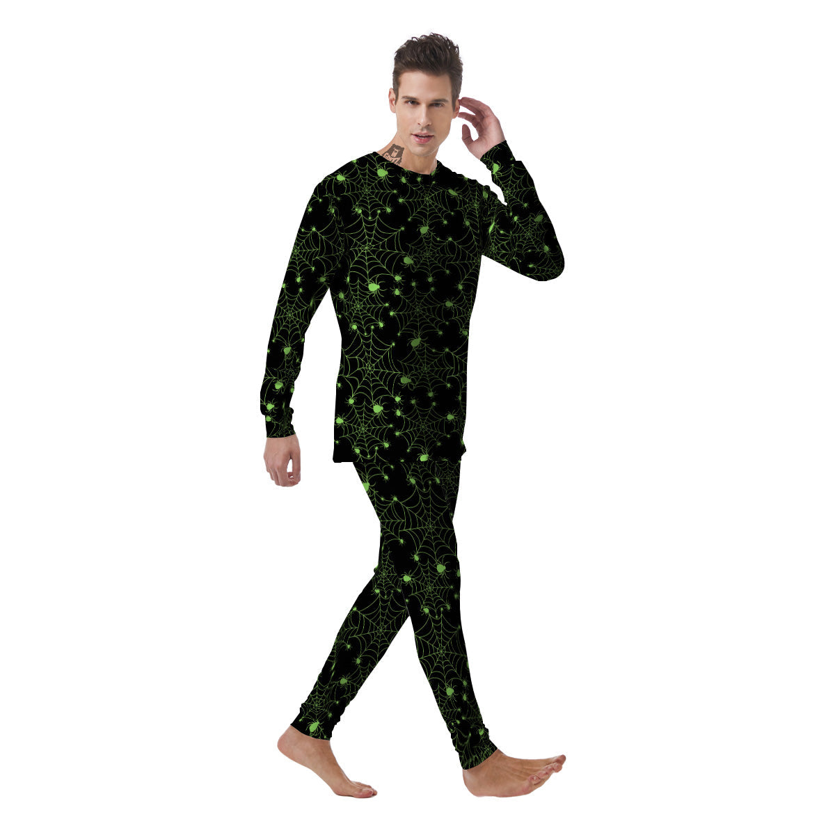 Spider Black And Green Neon Spider Web Print Pattern Men's Pajamas-grizzshop