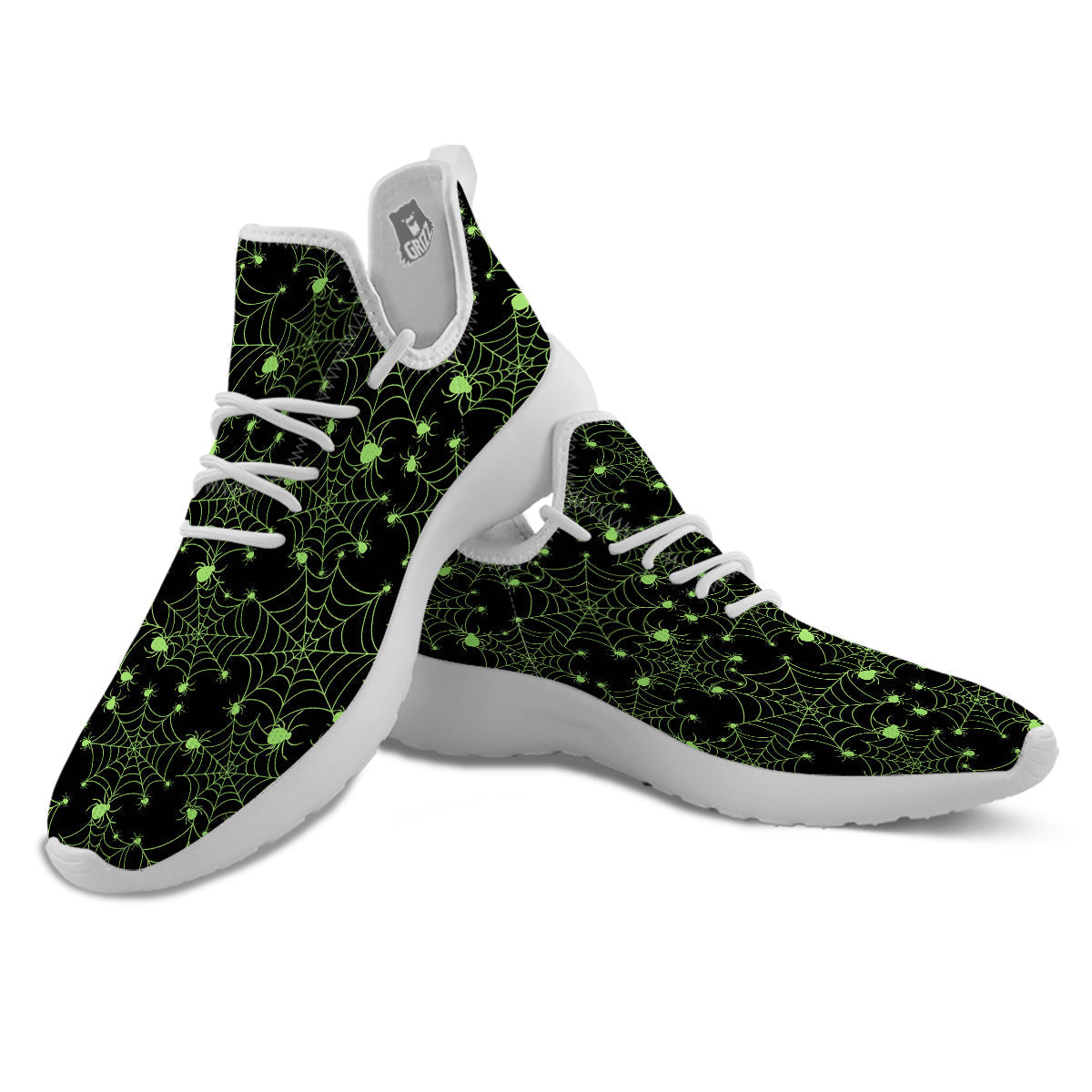 Spider Black And Green Neon Spider Web Print Pattern White Athletic Shoes-grizzshop