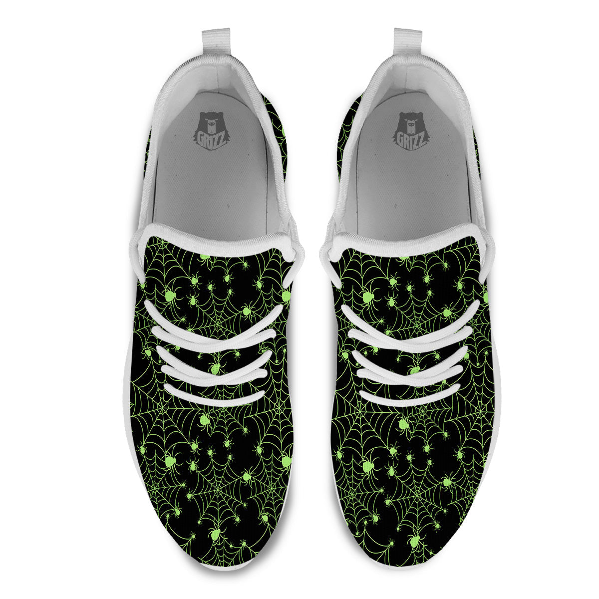 Spider Black And Green Neon Spider Web Print Pattern White Athletic Shoes-grizzshop