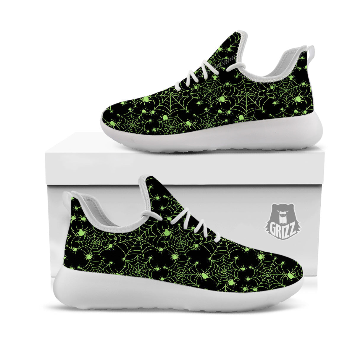 Spider Black And Green Neon Spider Web Print Pattern White Athletic Shoes-grizzshop
