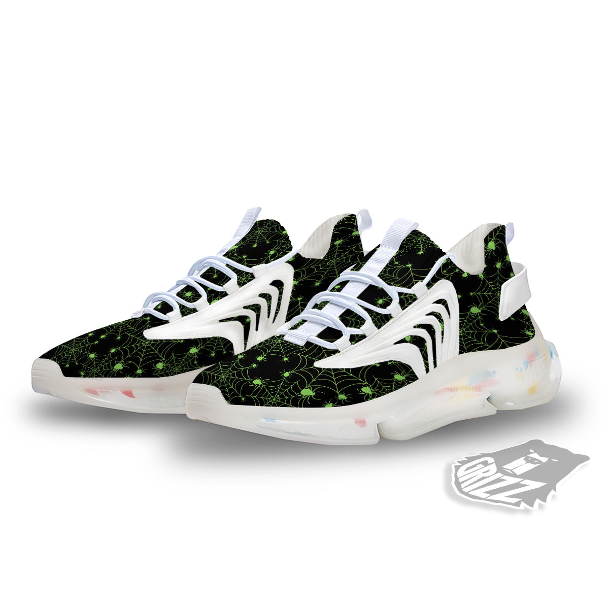 Spider Black And Green Neon Spider Web Print Pattern White Gym Shoes-grizzshop