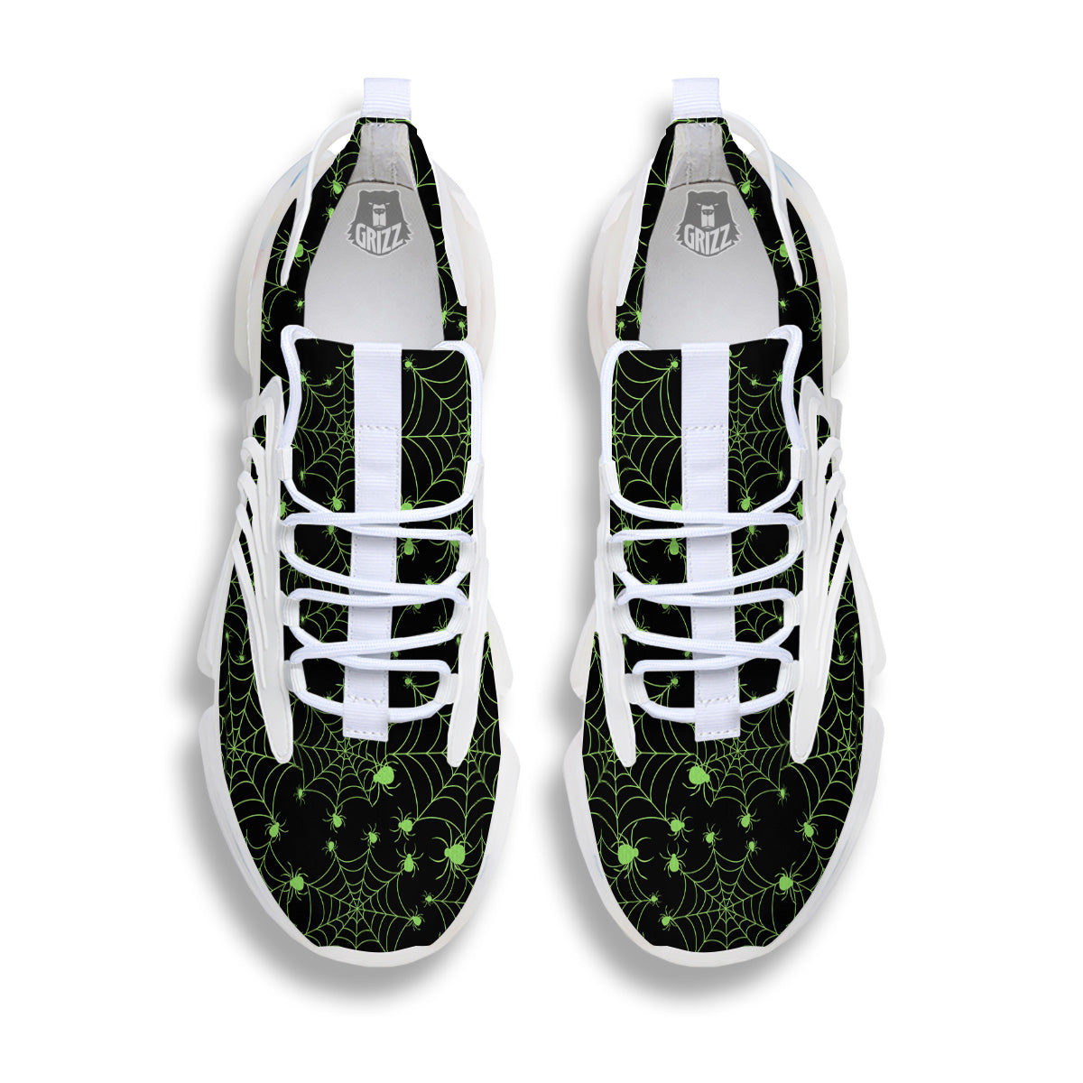 Spider Black And Green Neon Spider Web Print Pattern White Gym Shoes-grizzshop