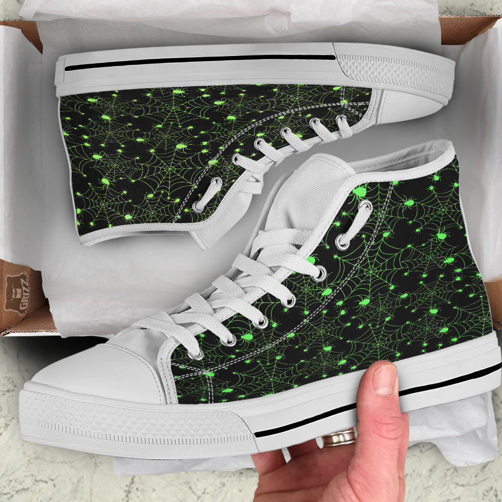 Spider Black And Green Neon Spider Web Print Pattern White High Top Shoes-grizzshop
