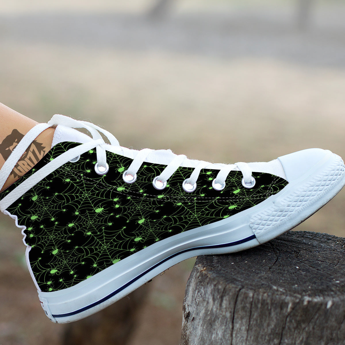Spider Black And Green Neon Spider Web Print Pattern White High Top Shoes-grizzshop