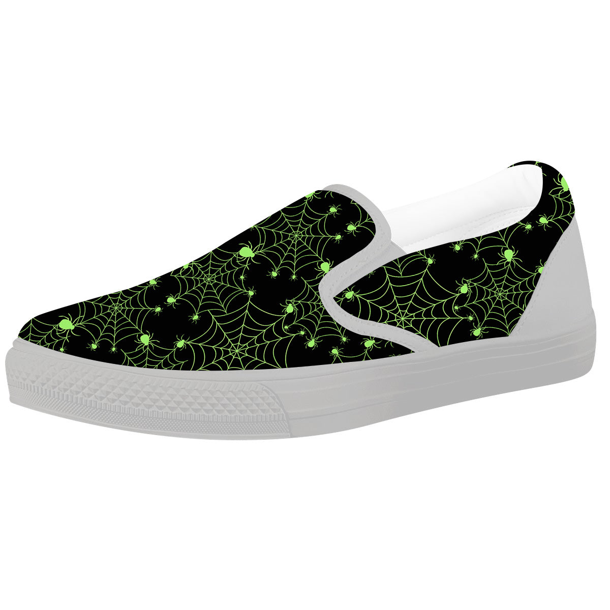 Spider Black And Green Neon Spider Web Print Pattern White Slip On Shoes-grizzshop