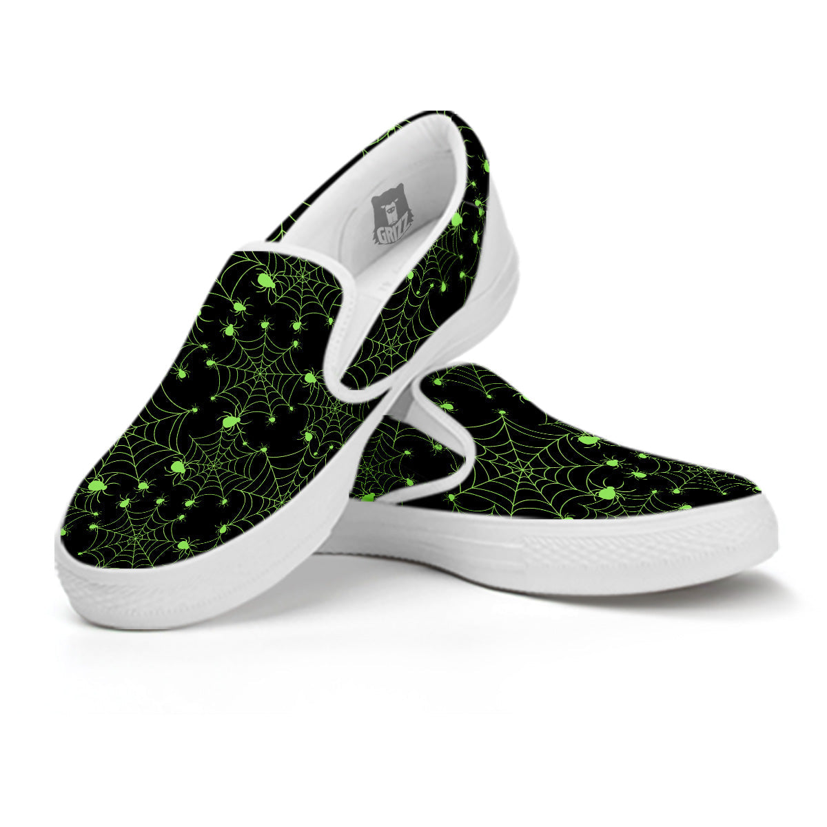 Spider Black And Green Neon Spider Web Print Pattern White Slip On Shoes-grizzshop