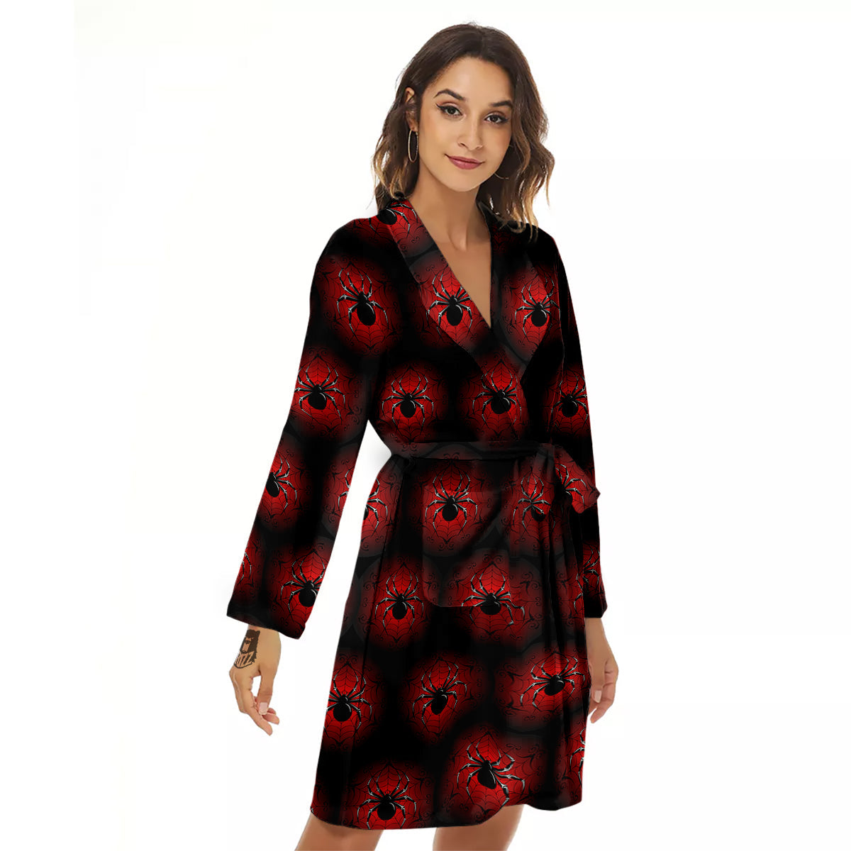 Spider Black And Red Spider Web Print Pattern Women's Robe-grizzshop