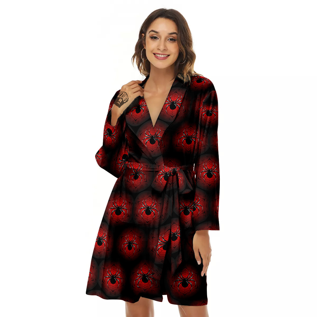 Spider Black And Red Spider Web Print Pattern Women's Robe-grizzshop