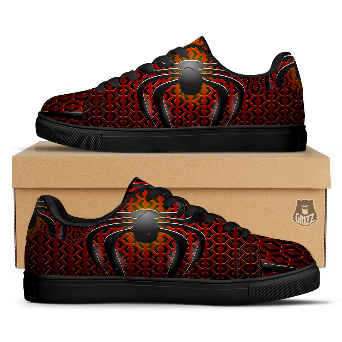 Spider Icon on Red Metal Print Black Low Top Sneakers-grizzshop