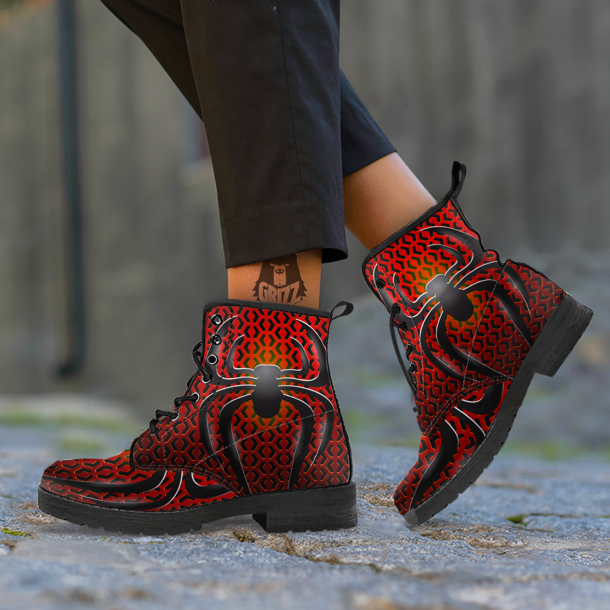 Spider Icon on Red Metal Print Leather Boots-grizzshop