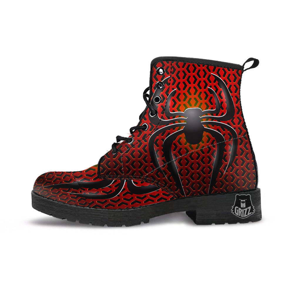 Spider Icon on Red Metal Print Leather Boots-grizzshop