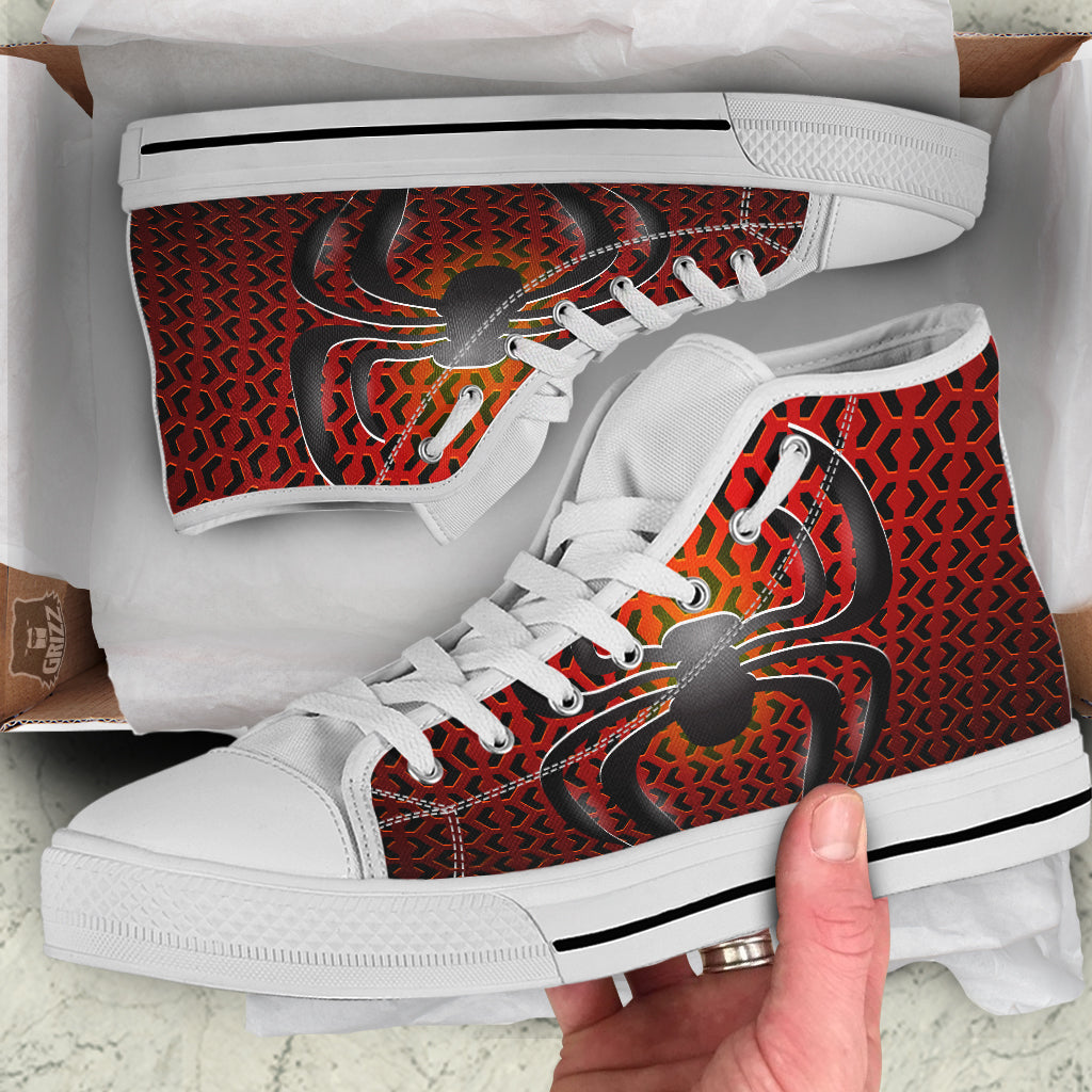 Spider Icon on Red Metal Print White High Top Shoes-grizzshop