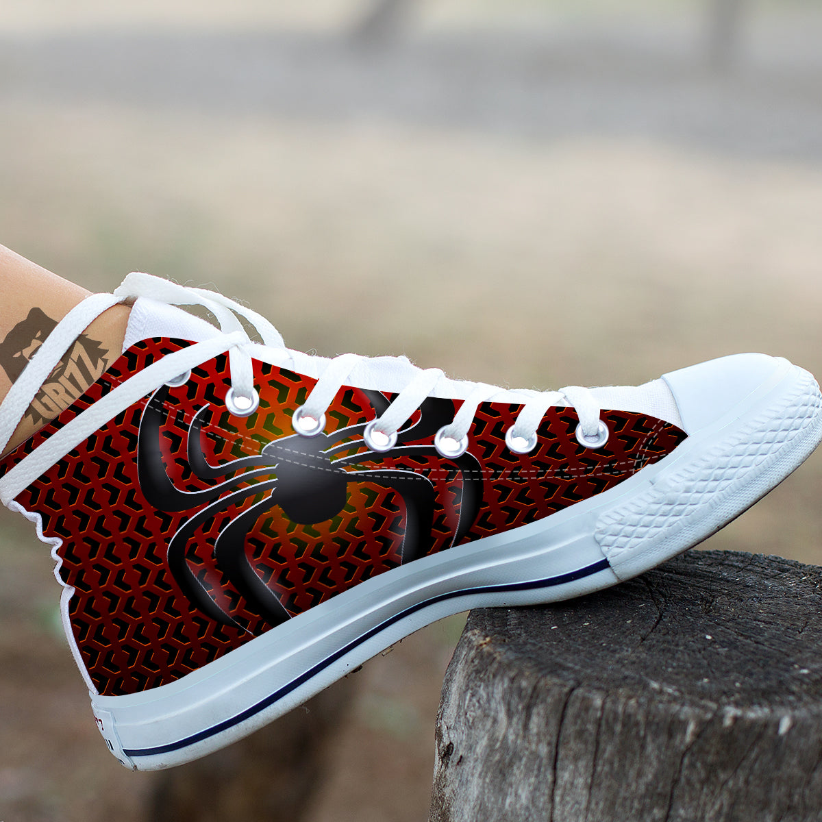 Spider Icon on Red Metal Print White High Top Shoes-grizzshop