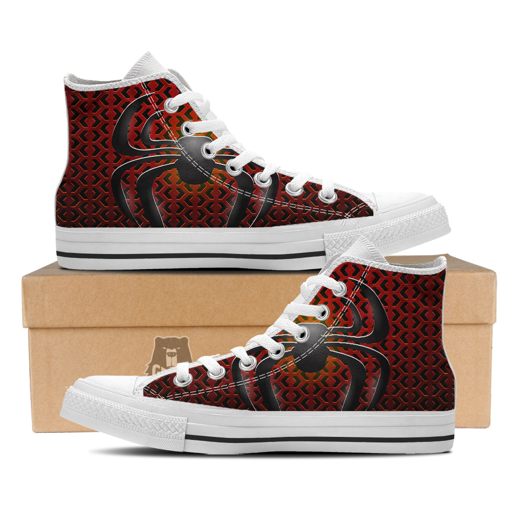 Spider Icon on Red Metal Print White High Top Shoes-grizzshop