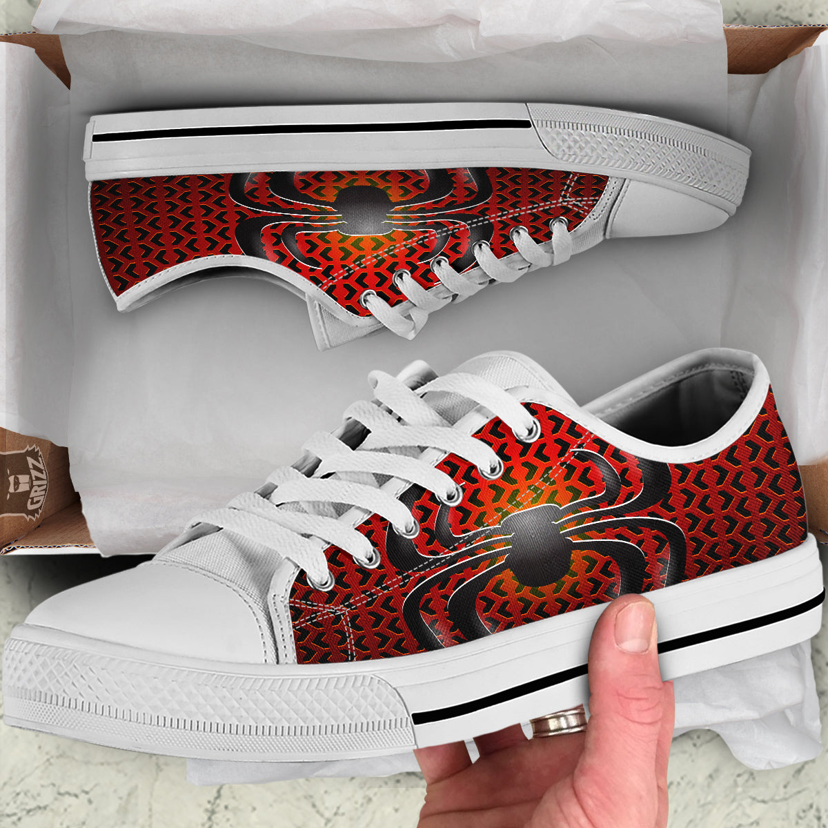 Spider Icon on Red Metal Print White Low Top Shoes-grizzshop