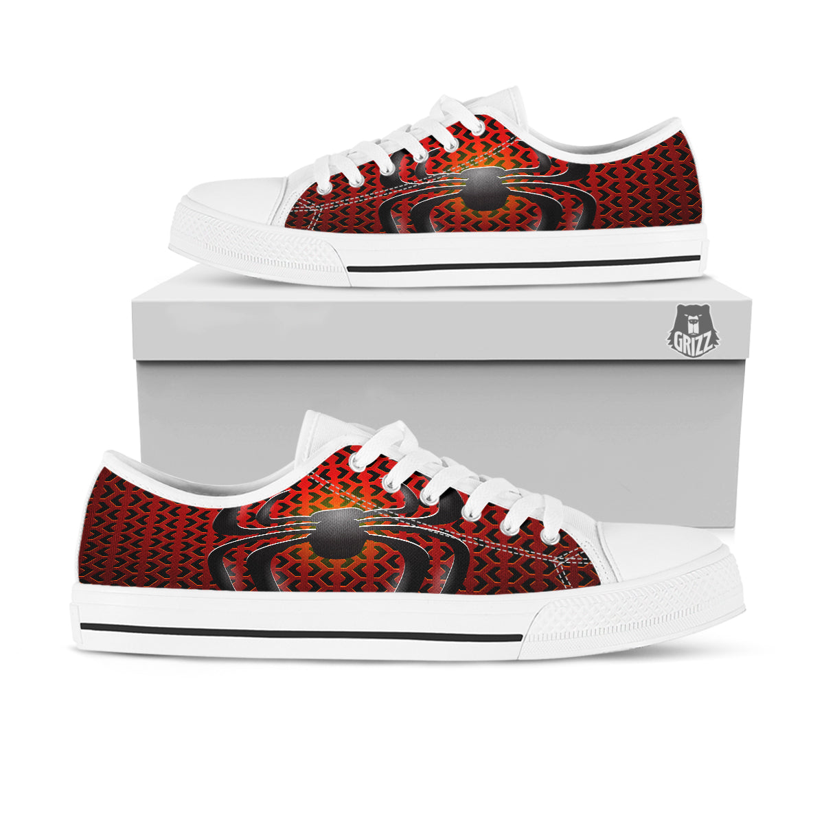 Spider Icon on Red Metal Print White Low Top Shoes-grizzshop