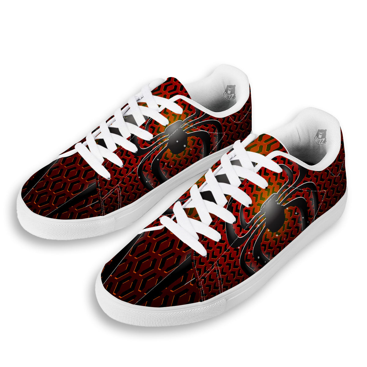 Spider Icon on Red Metal Print White Low Top Sneakers-grizzshop