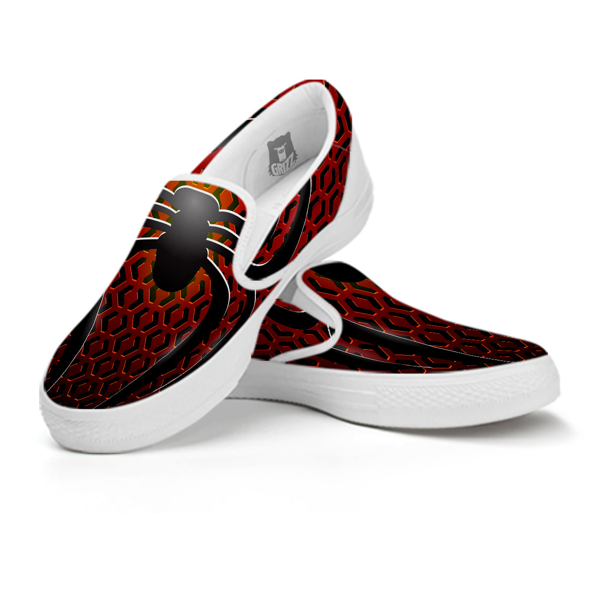 Spider Icon on Red Metal Print White Slip On Shoes-grizzshop