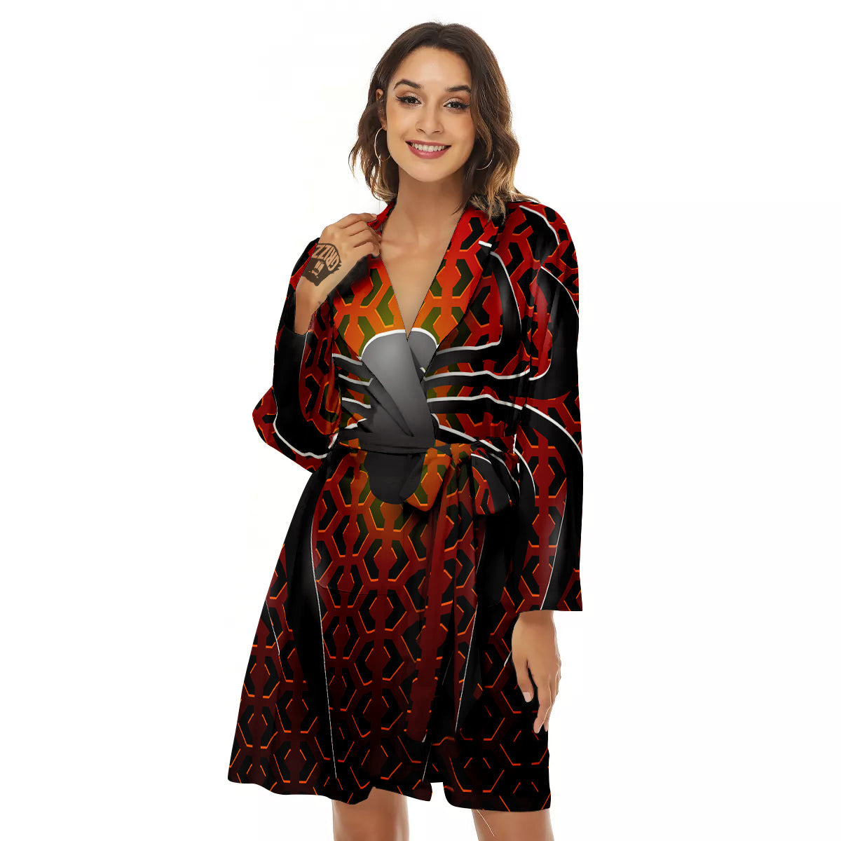 Spider Icon on Red Metal Print Women's Robe-grizzshop
