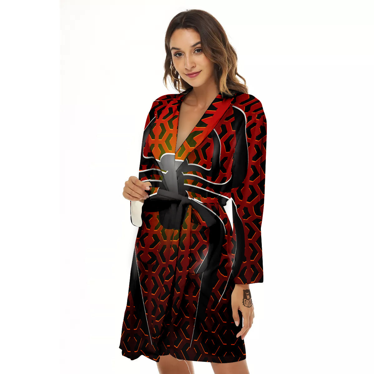 Spider Icon on Red Metal Print Women's Robe-grizzshop