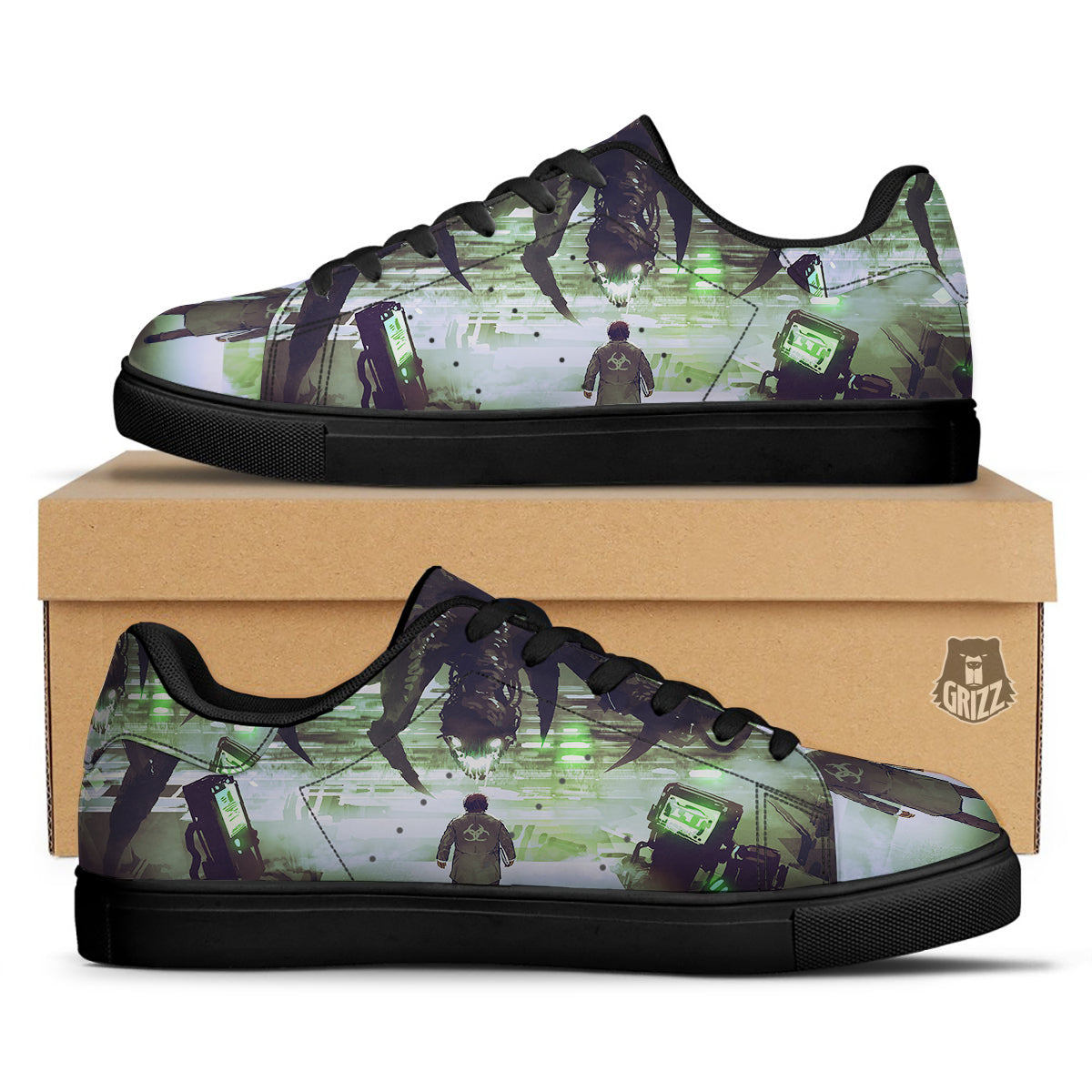 Spider Monster Print Black Low Top Sneakers-grizzshop