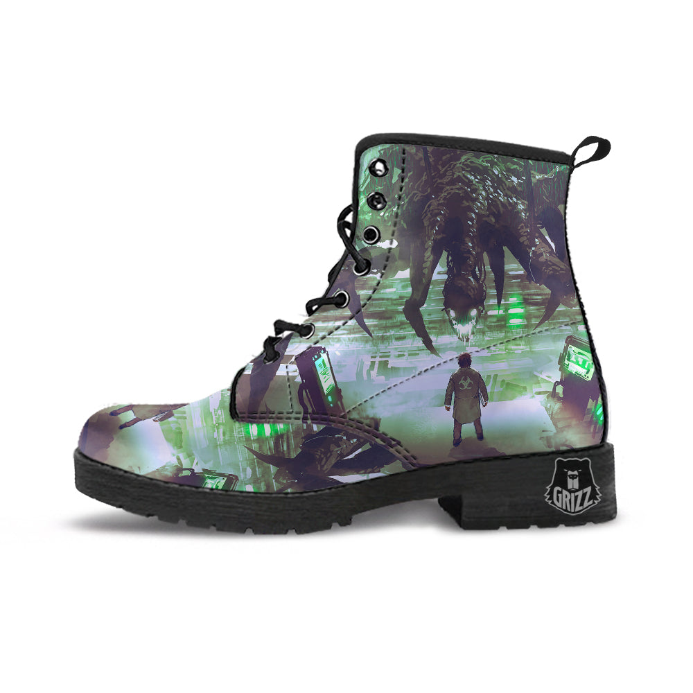 Spider Monster Print Leather Boots-grizzshop