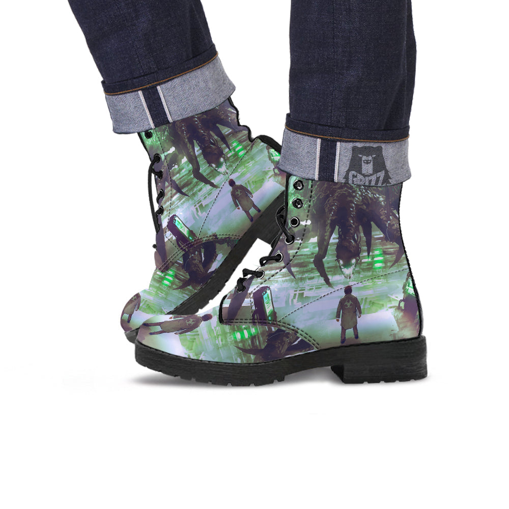 Spider Monster Print Leather Boots-grizzshop