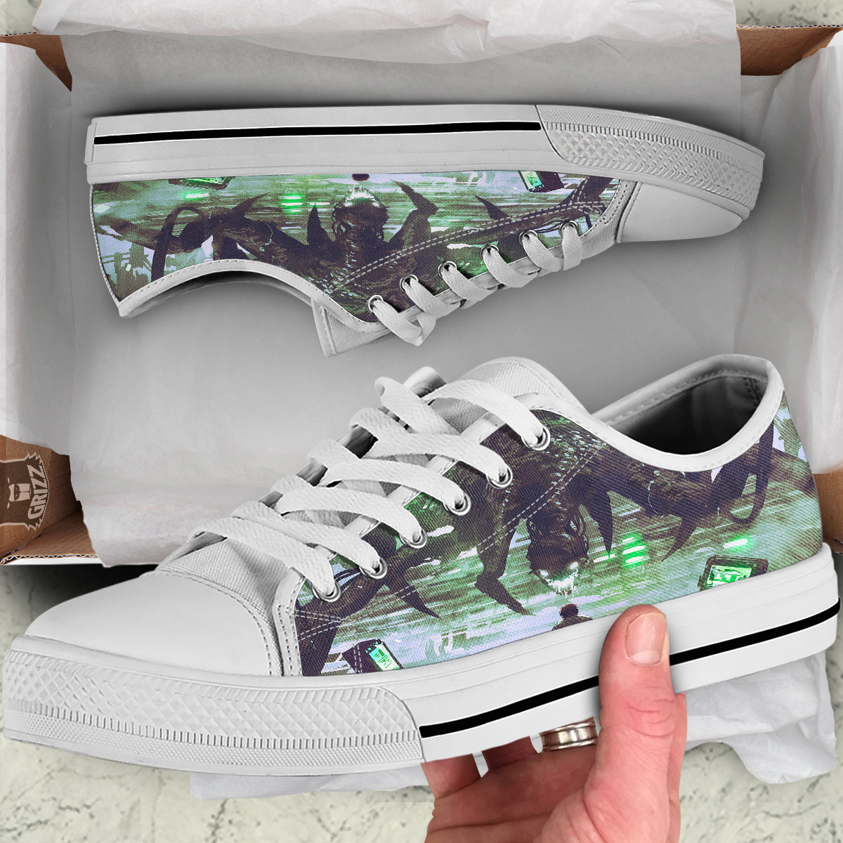 Spider Monster Print White Low Top Shoes-grizzshop