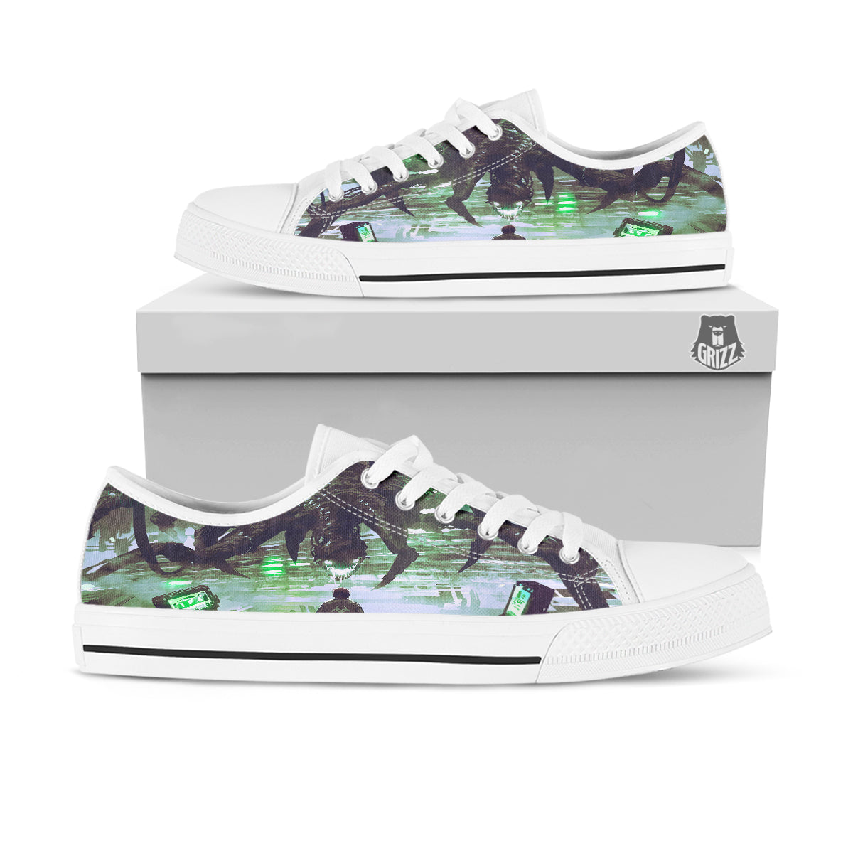 Spider Monster Print White Low Top Shoes-grizzshop