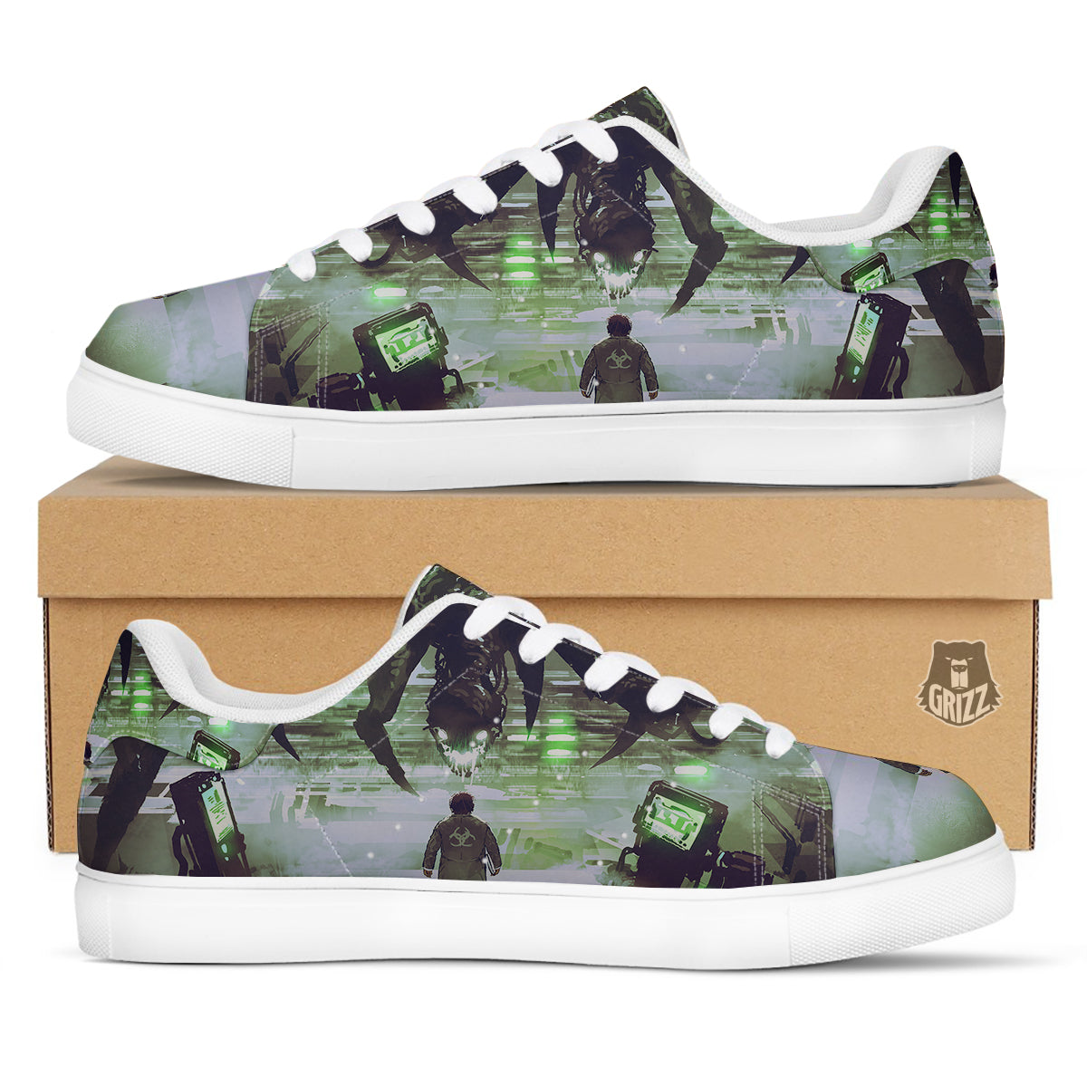Spider Monster Print White Low Top Sneakers-grizzshop
