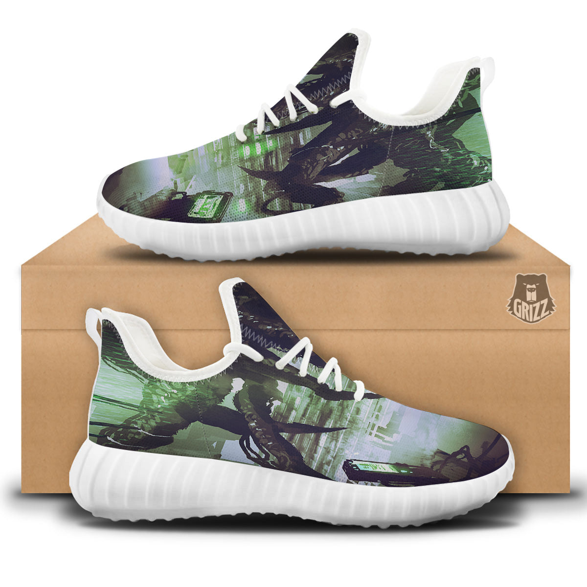 Spider Monster Print White Walking Shoes-grizzshop