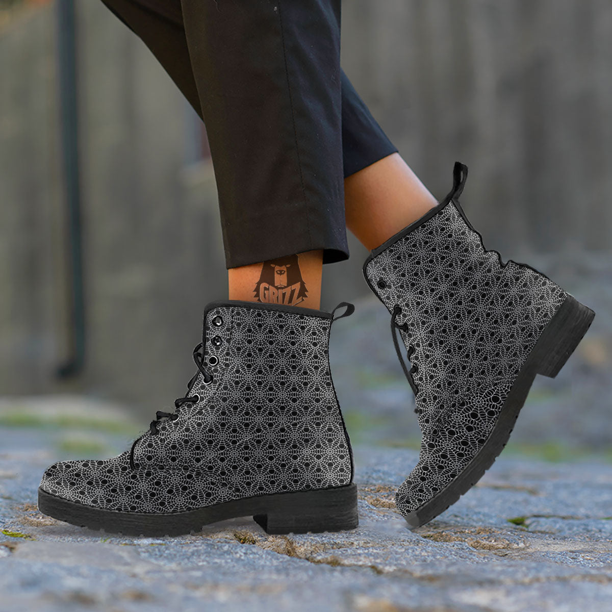 Spider Web Black Print Pattern Leather Boots-grizzshop