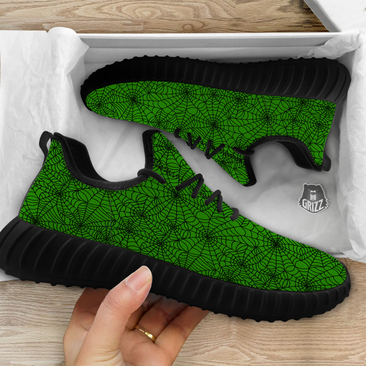 Spider Web Green And Black Print Pattern Black Walking Shoes-grizzshop