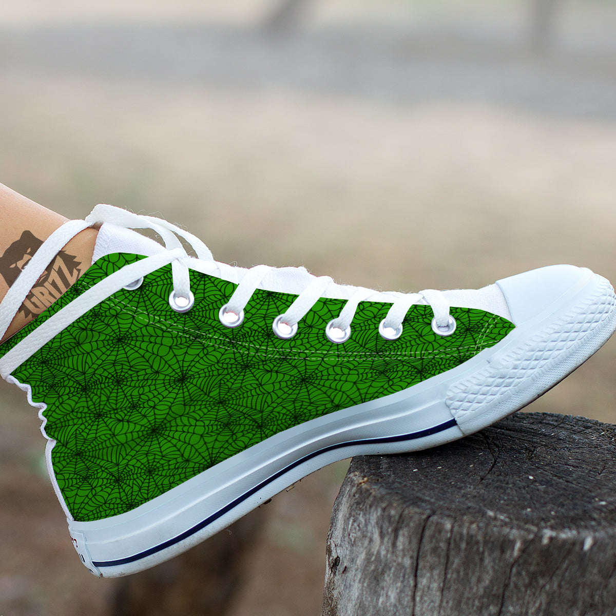 Spider Web Green And Black Print Pattern White High Top Shoes-grizzshop