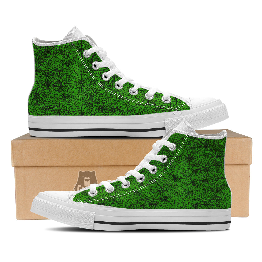 Spider Web Green And Black Print Pattern White High Top Shoes-grizzshop