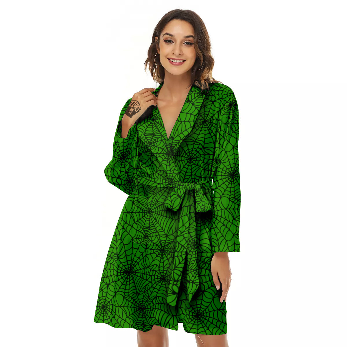 Spider Web Green And Black Print Pattern Women's Robe-grizzshop