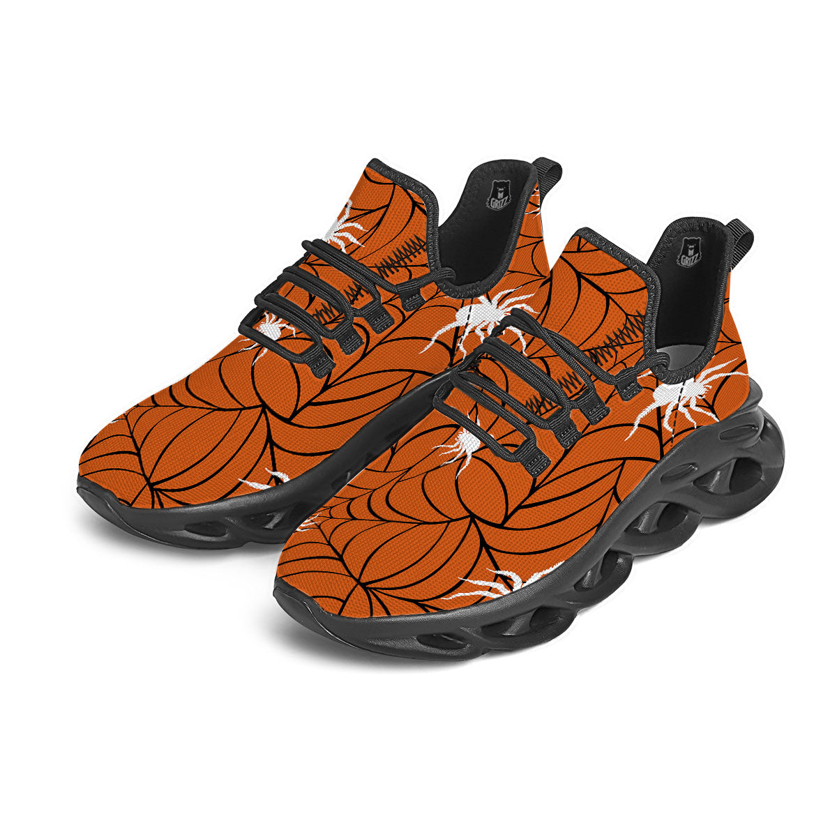Spider Web Orange And Black Print Black Running Shoes-grizzshop