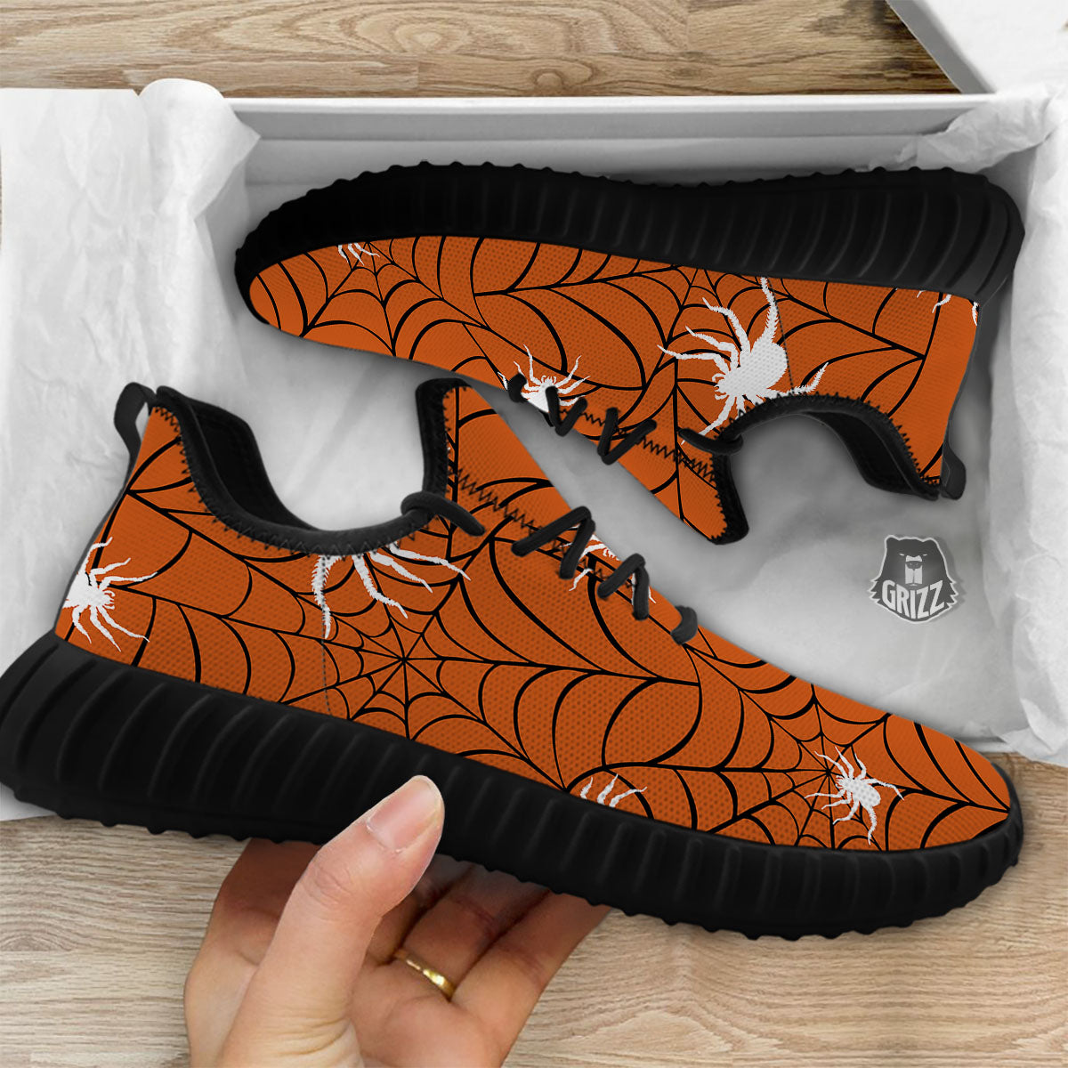 Spider Web Orange And Black Print Black Walking Shoes-grizzshop