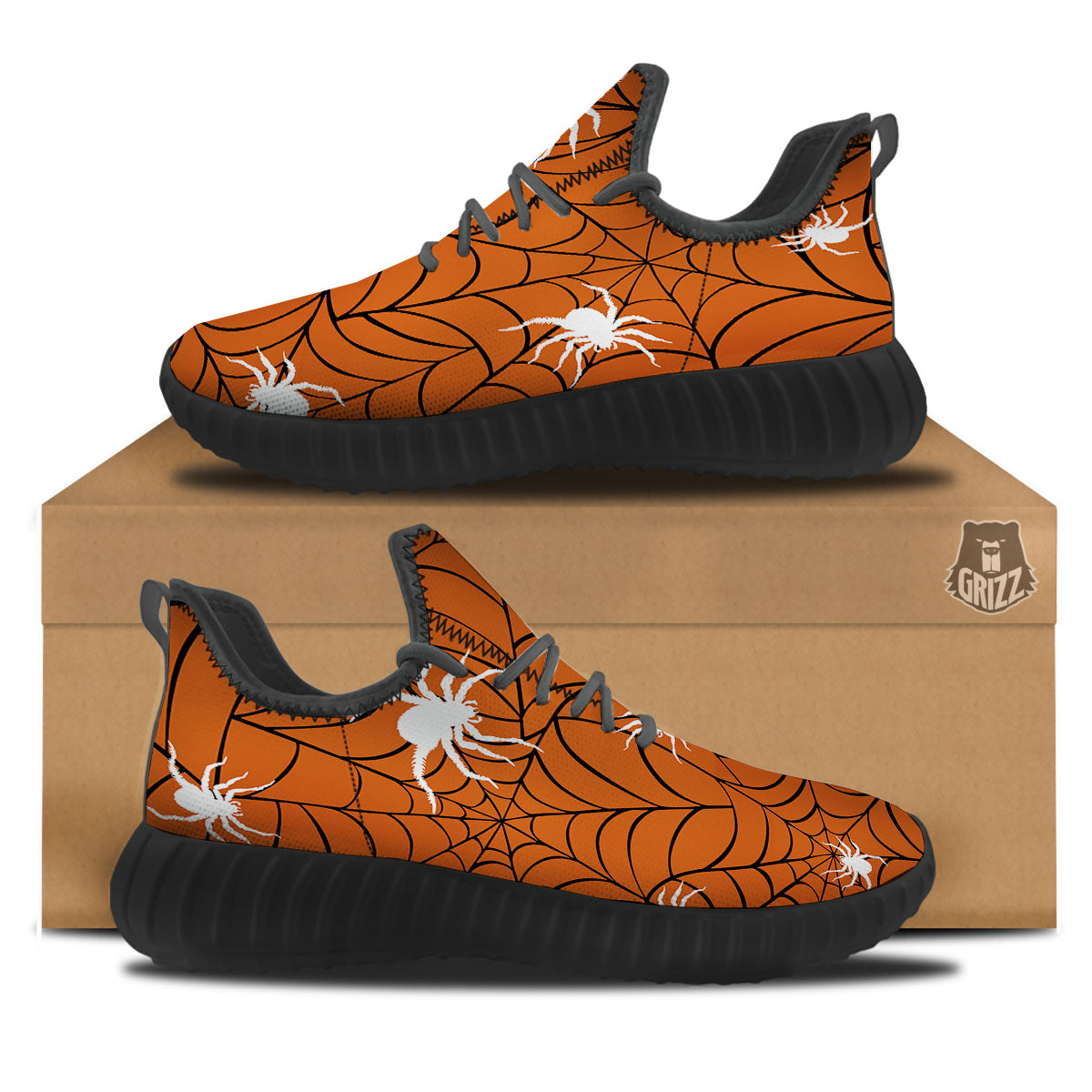 Spider Web Orange And Black Print Black Walking Shoes-grizzshop