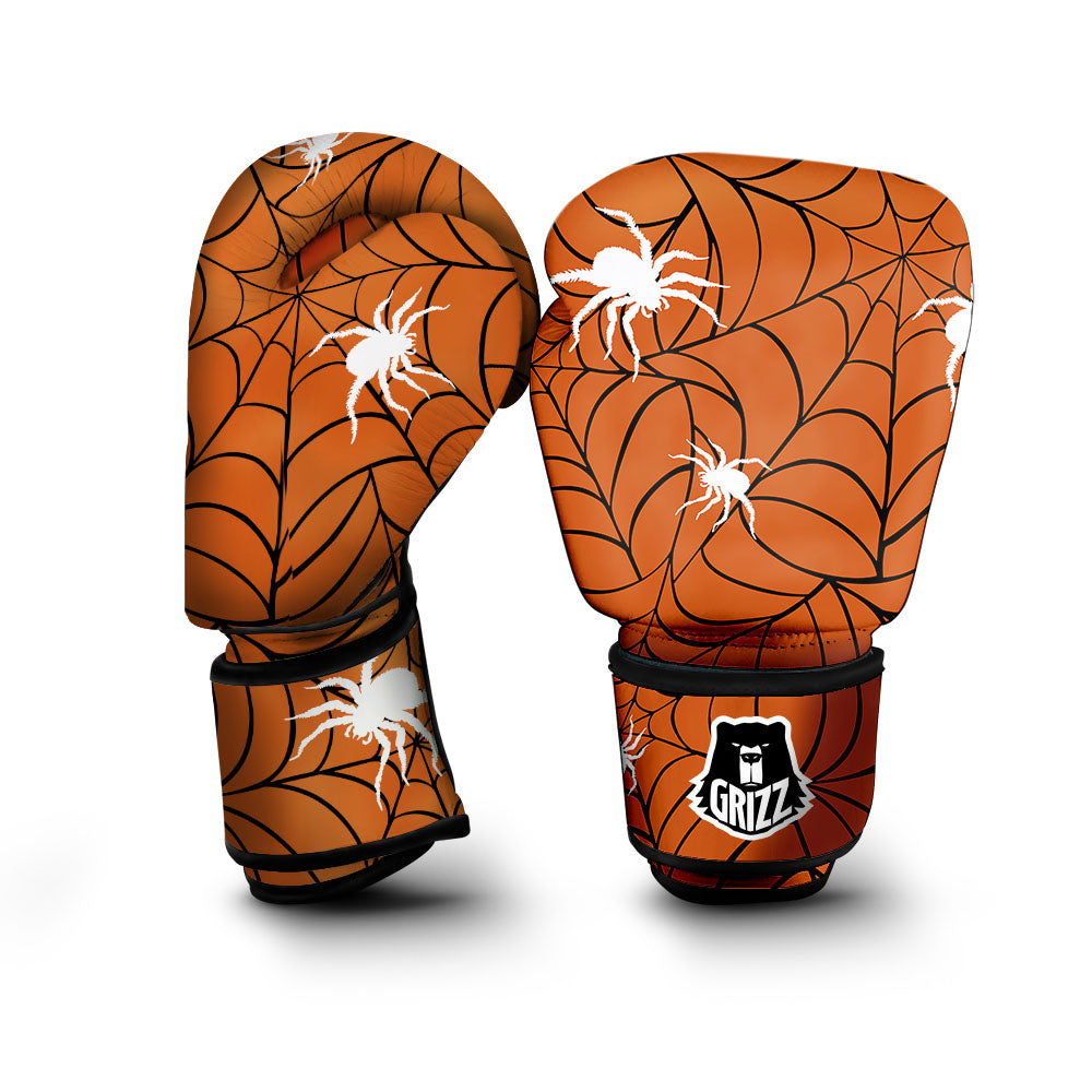 Spider Web Orange And Black Print Boxing Gloves-grizzshop