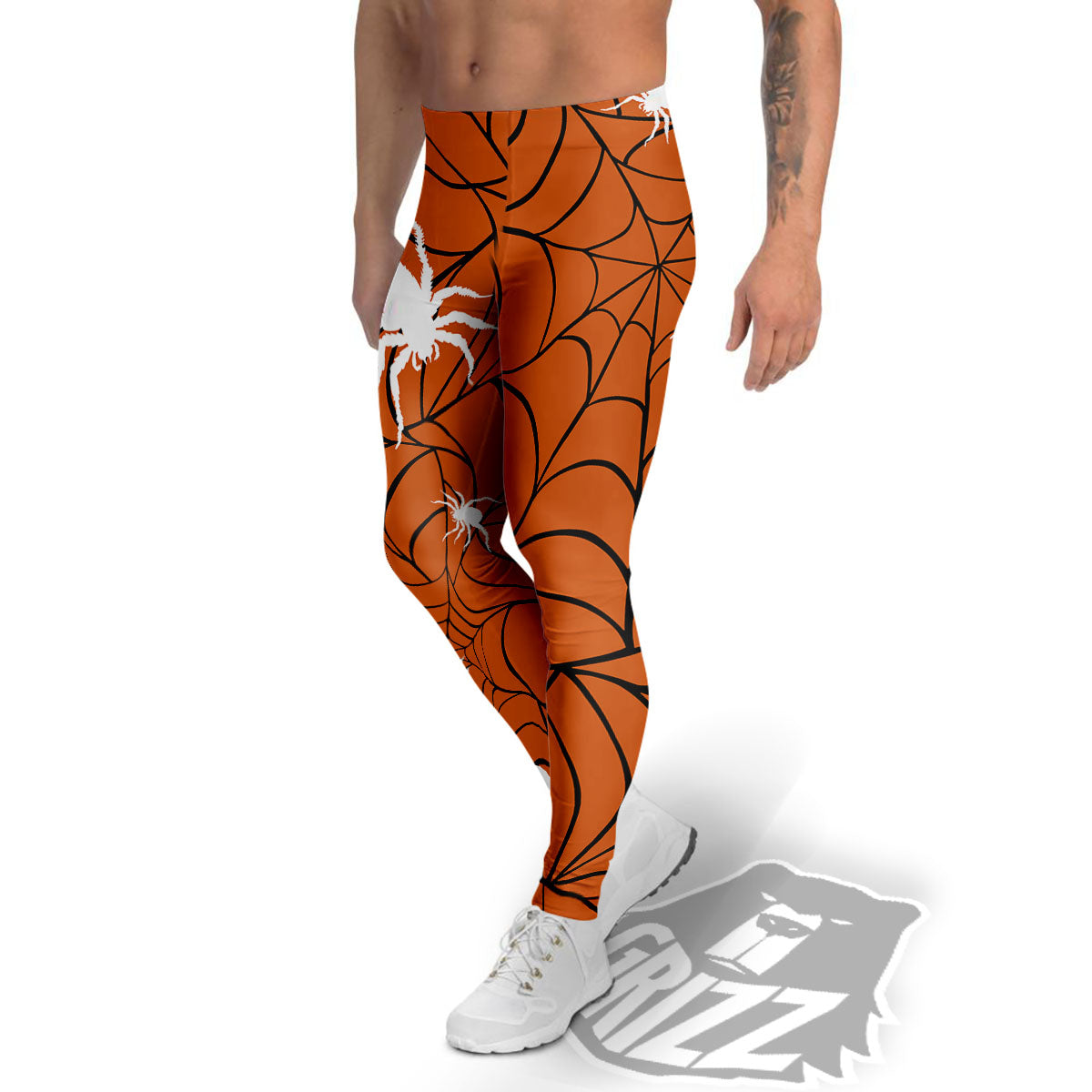 Spider Web Orange And Black Print Men's Leggings-grizzshop