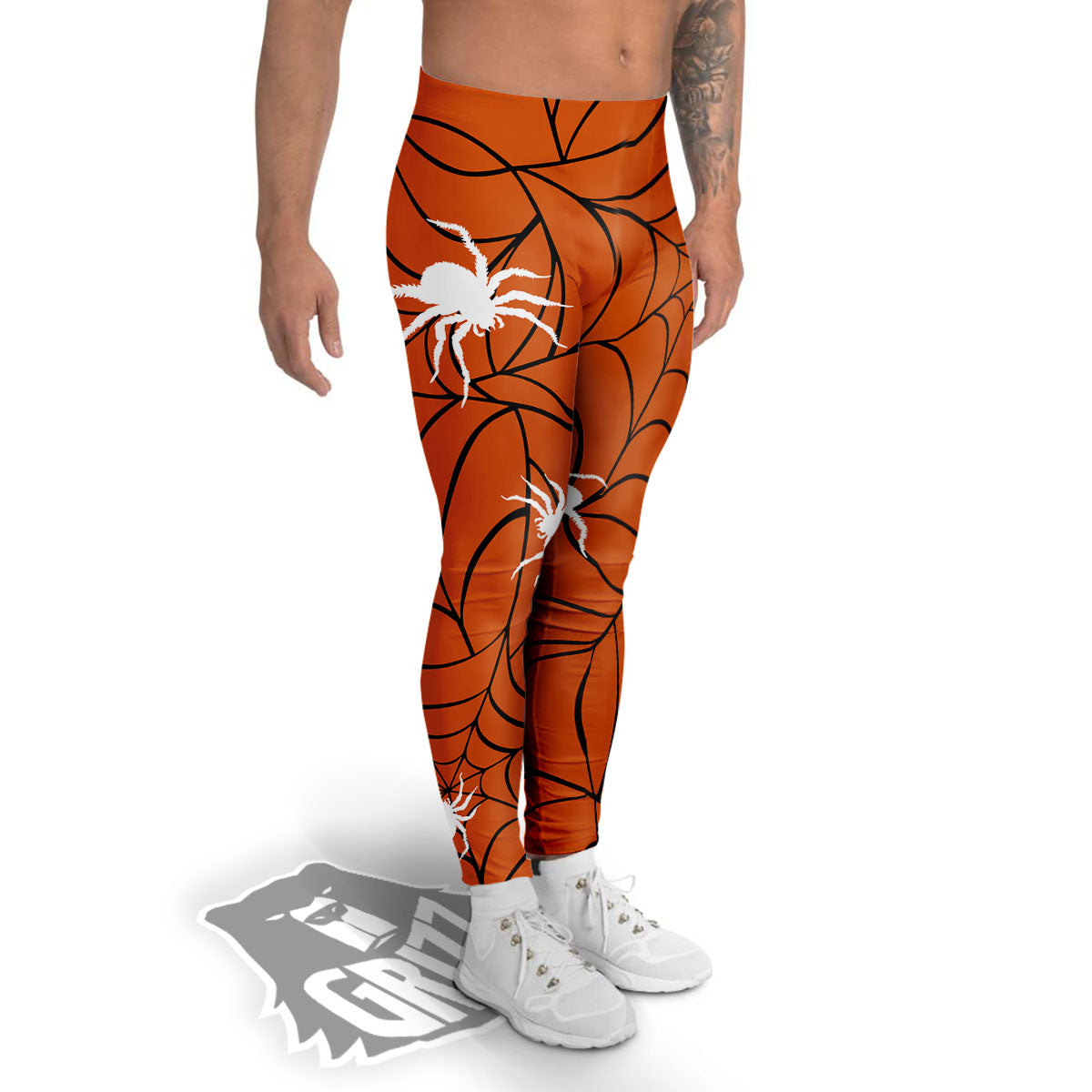 Spider Web Orange And Black Print Men's Leggings-grizzshop