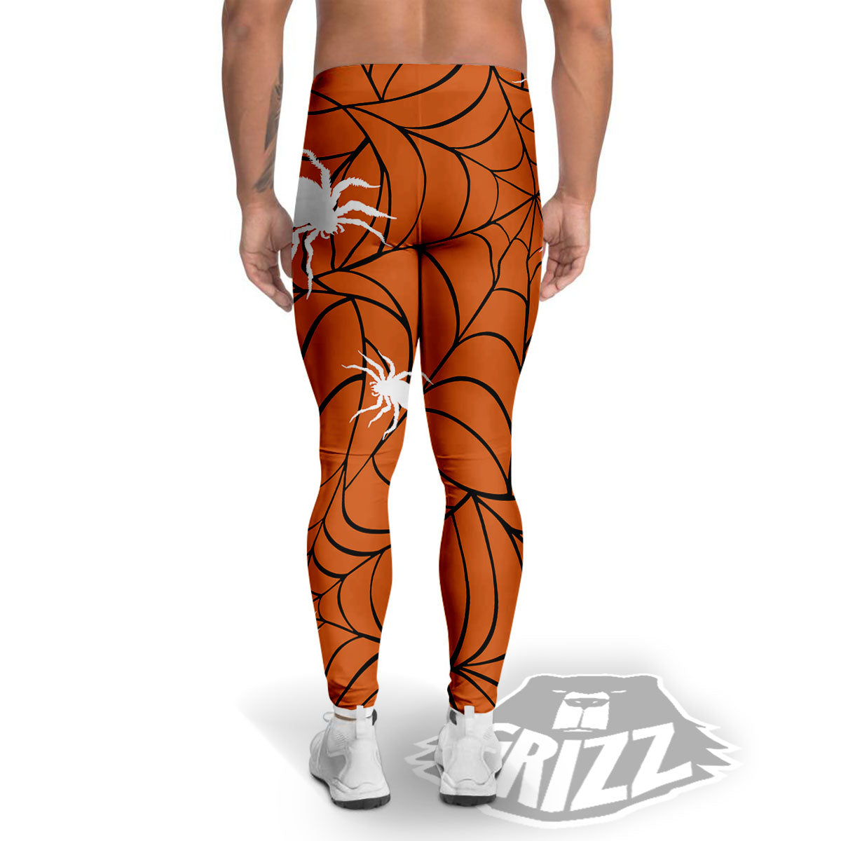 Spider Web Orange And Black Print Men's Leggings-grizzshop