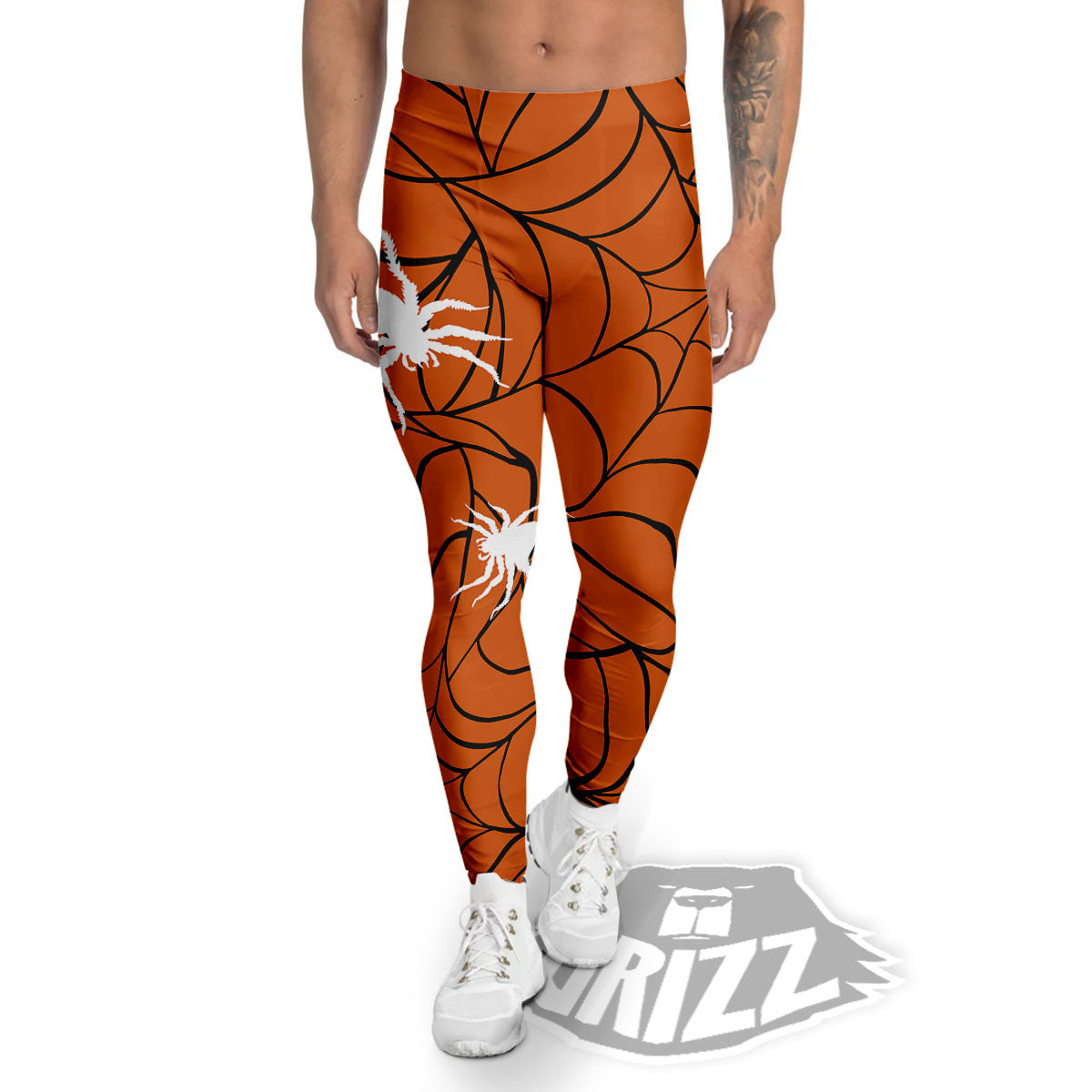 Spider Web Orange And Black Print Men's Leggings-grizzshop