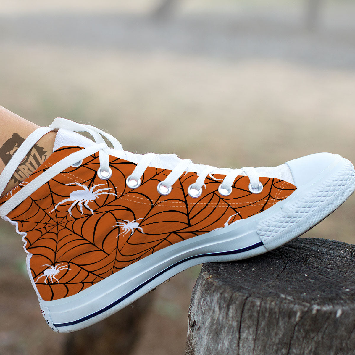 Spider Web Orange And Black Print White High Top Shoes-grizzshop