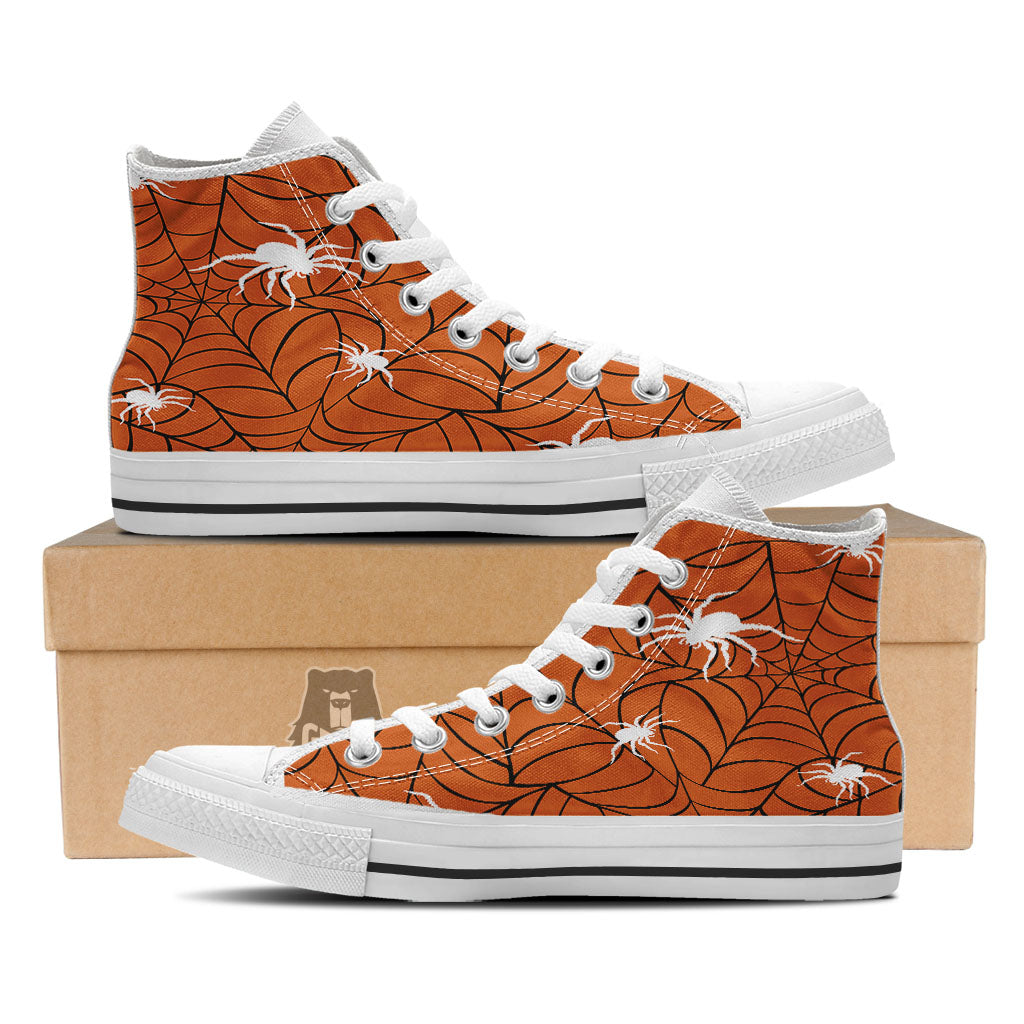 Spider Web Orange And Black Print White High Top Shoes-grizzshop